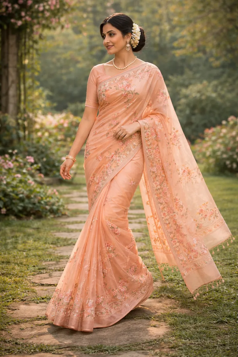Elegant Peach Organza Saree Hover