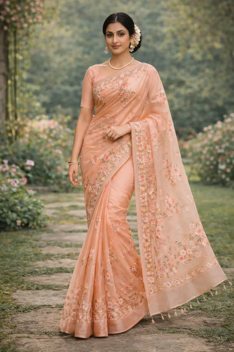 Elegant Peach Organza Saree