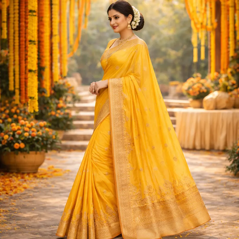 Festive Yellow Cotton Silk Saree