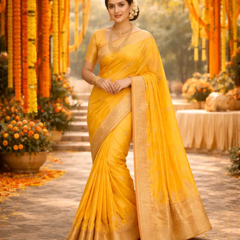 Festive Yellow Cotton Silk Saree Hover