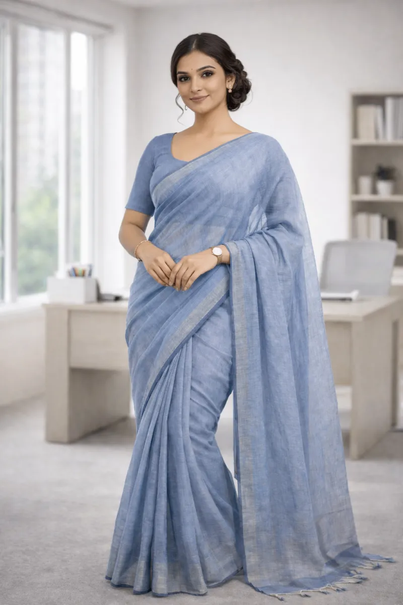 Blue Linen Saree
