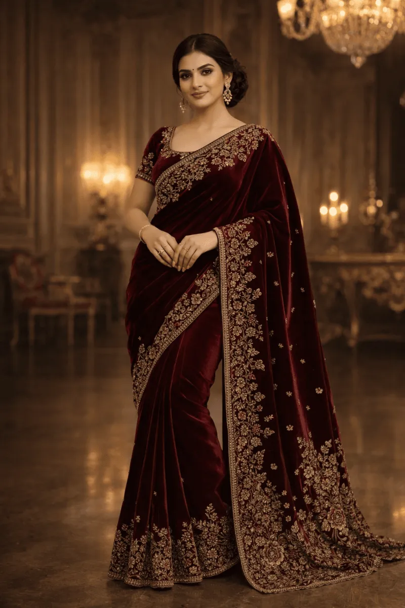 Maroon Velvet Saree