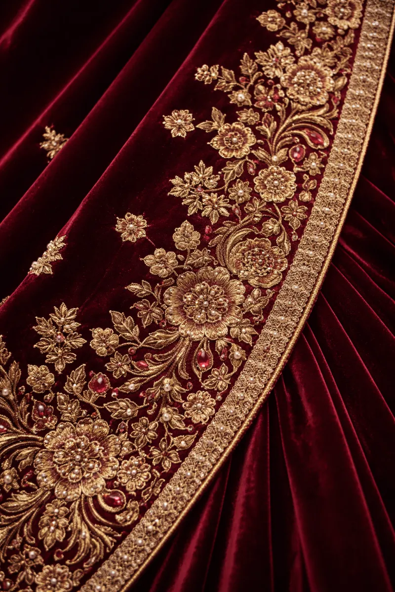 Maroon Velvet Saree Hover