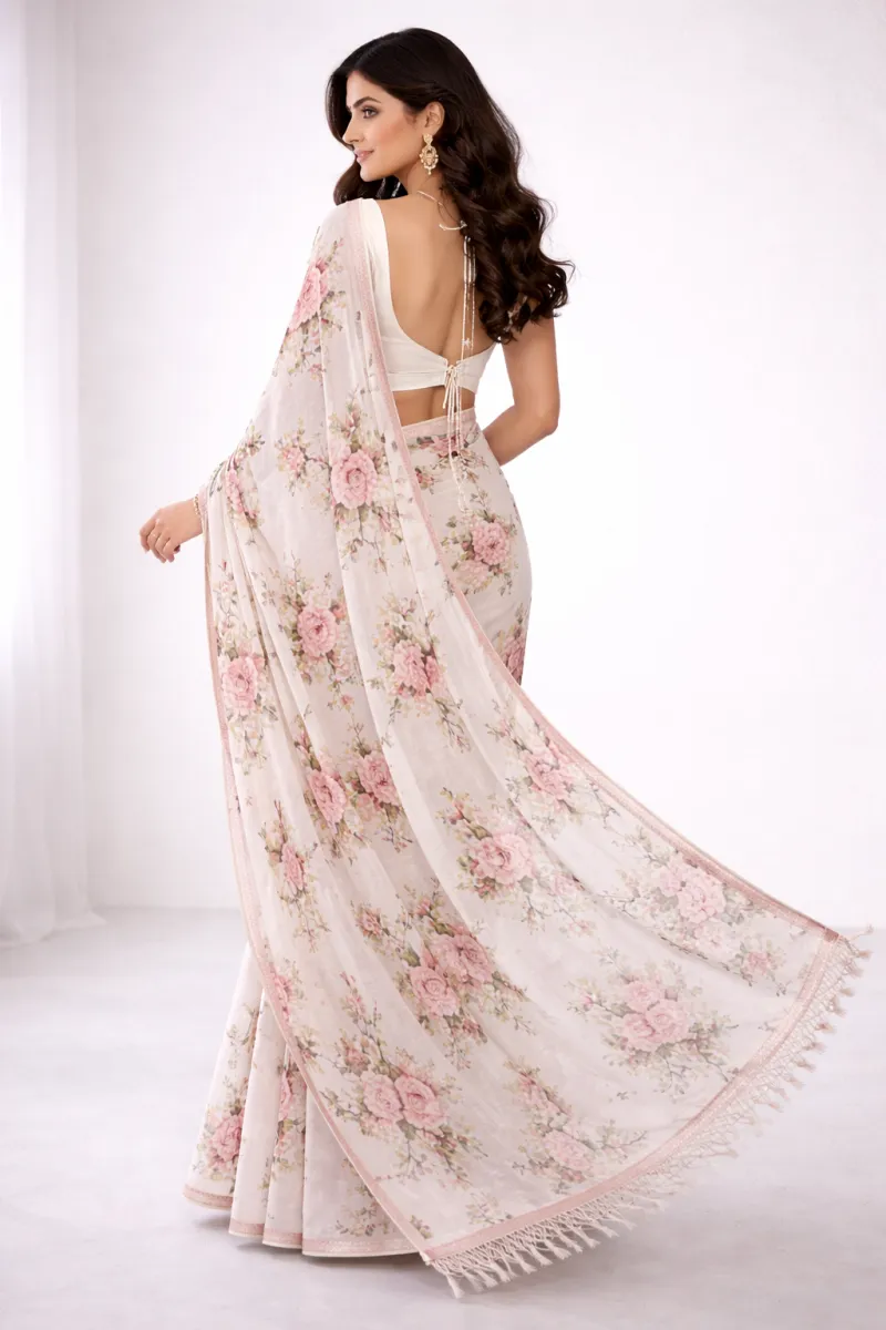 White Floral Printed Saree Hover