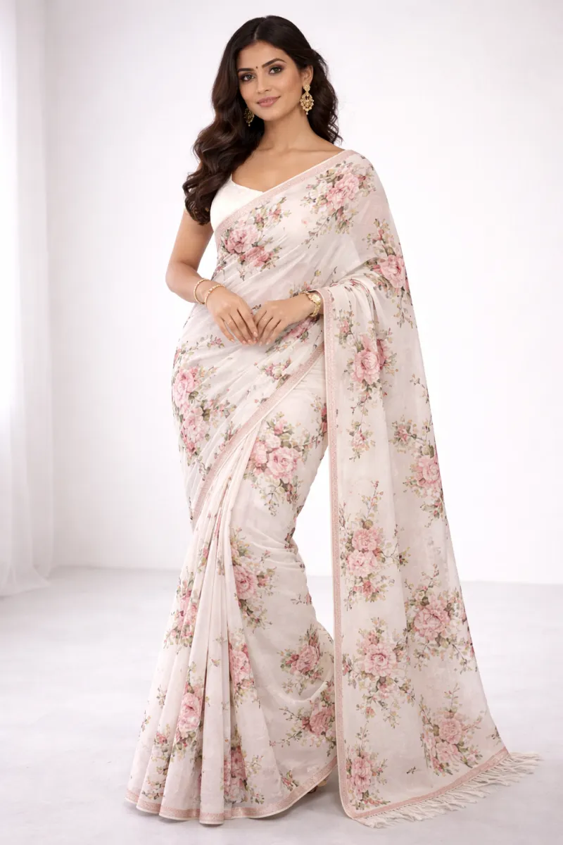 White Floral Printed Saree