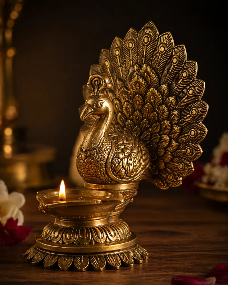 Premium Brass Peacock Diya – Handcrafted Decorative Lamp Hover